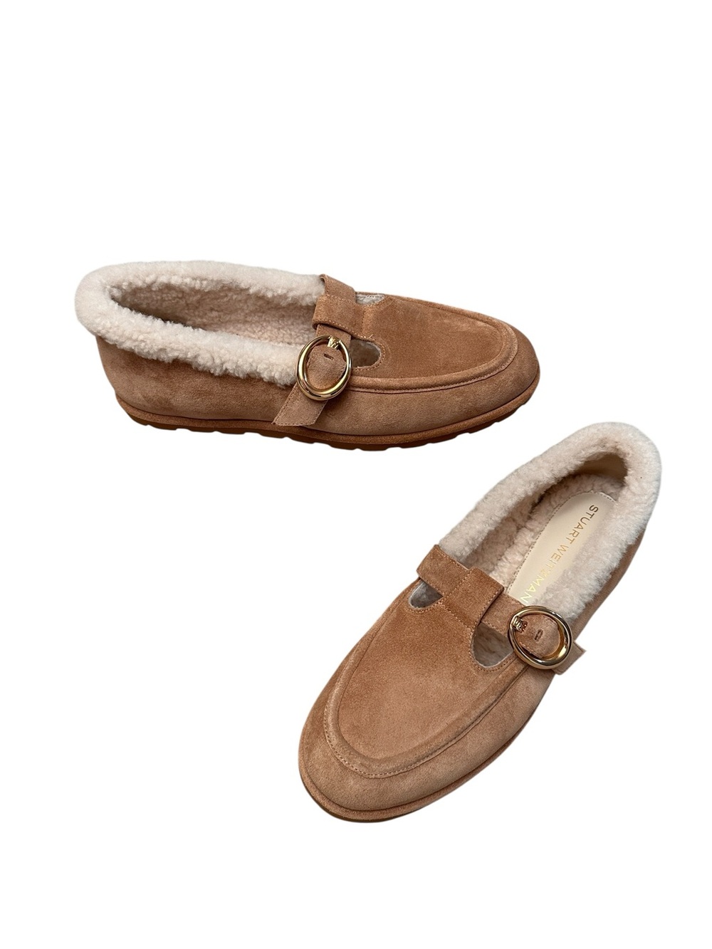 Stuart Weitzman Dakota Mary Jane Shearling Buckle Loafer Tan Suede size 8.5